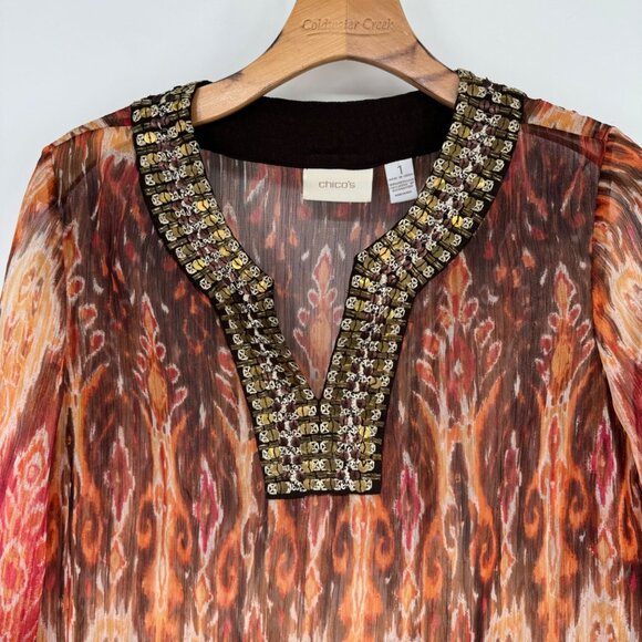 Chico's 1 semi Sheer Tunic Top Beaded Neckline 3/4 sleeve Size medium - Picture 6 of 11